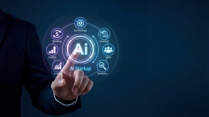 Businessman interacting with AI startup interface on dark background