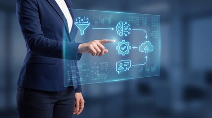 Businesswoman interacting with futuristic digital interface for data analysis