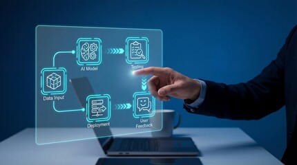 Businessman interacting with AI model workflow on transparent screen