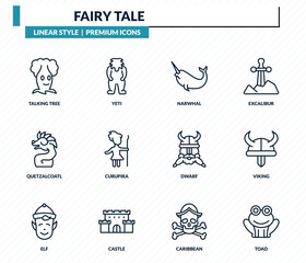 fairy tale icons set - talking tree, yeti, narwhal, viking, toad outline vector collection. © IconArt