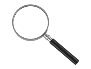 Magnifying glass with black handle on transparent background magnifier search investigate inspect examine enlarged zoom detail tool equipment object isolated alone