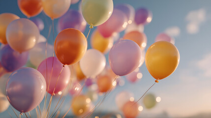 A Sky Full of Dreams: A vibrant ensemble of colorful balloons drifts gracefully against a backdrop of a clear blue sky, evoking feelings of joy, celebration, and unbound freedom.