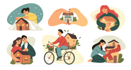 Fototapeta premium House memory. Safe mind dream for person in home place. People emotions. Property insurance. Homeowners care and love of residential building. Couple hug residence. Vector concepts set