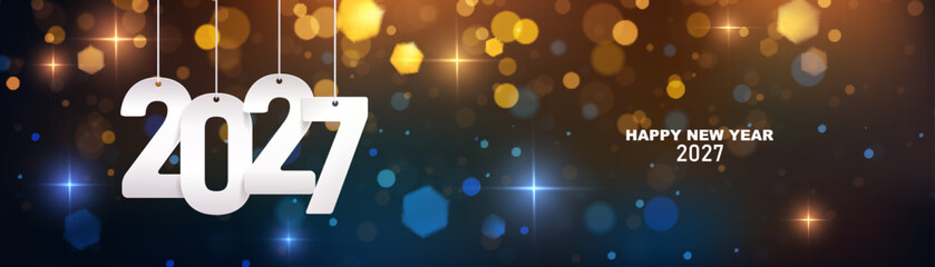 Happy new year 2027. Hanging white paper number on a horizontal colorful blurry background.
