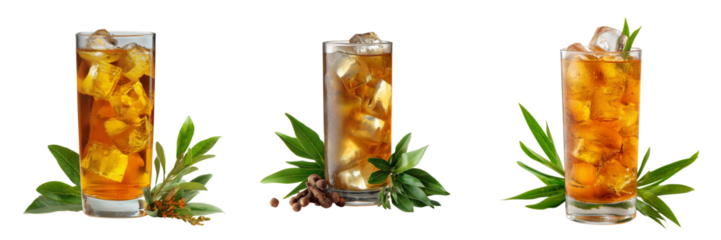 Three tall glasses of iced tea with ice cubes and garnishes isolated on a transparent background beverage