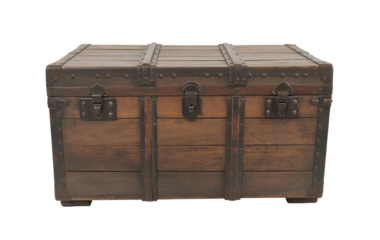 An old, wooden chest with metal straps and latches on transparent background old trunk vintage luggage box storage antique furniture isolated