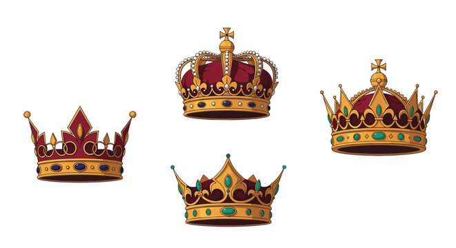 Set of four ornate and detailed royal crowns in gold and red, decorated with jewels, gems, and crosses for a king or queen.