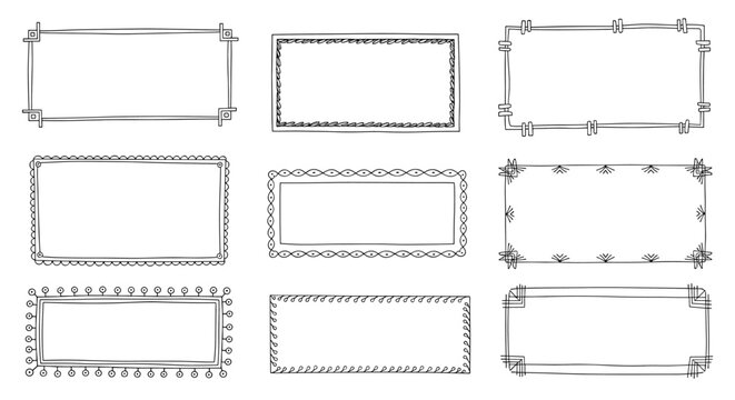 Collection of nine hand-drawn grunge and sketch-style rectangular frames with various decorative border designs for text or photos.