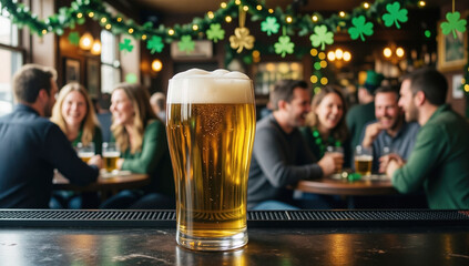 Festive pub interior with golden beer and joyful crowd celebrating Saint Patricks Day with shamrock decorations and warm lighting in cozy bar atmosphere for Irish holiday party marketing
