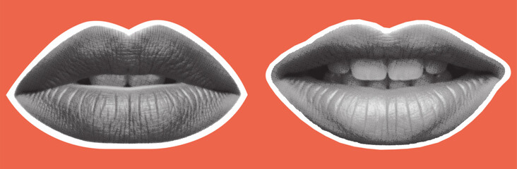 Set of retro halftone parts of body. Trendy halftone lips. Woman lips. Halftone collage elements. Vector illustration.