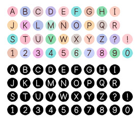 A set of hand-drawn alphabet and number icons in a circle. Two versions of the alphabet icons: colorful and black and white.