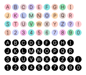 A set of hand-drawn alphabet and number icons in a circle. Two versions of the alphabet icons: colorful and black and white.