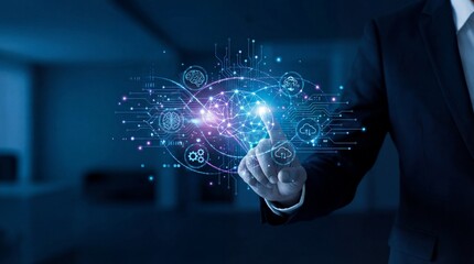 Businessman interacting with futuristic digital brain interface technology