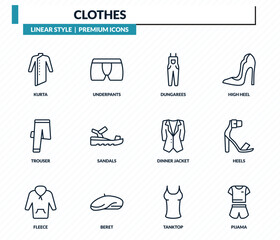 clothes icons set - kurta, underpants, dungarees, heels, pijama outline vector collection. © IconArt