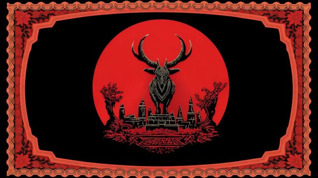 A stylized deer with large antlers stands above a dark city silhouette, framed by trees and a red sun, all set against a black background