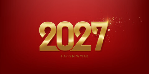 Happy New Year 2027. Golden 3D numbers with confetti on a red background. Holiday greeting card design.