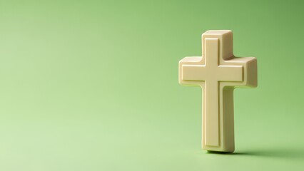 Obraz premium Chocolate cross on green background. Religious symbol and Christian concept for Easter, baptism, wedding, funeral. With space for text.