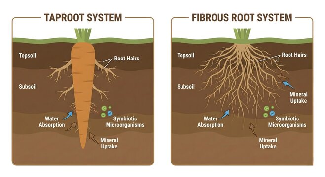 Plant Root Systems: An educational depiction highlighting the distinct differences between taproot and fibrous root systems in plants, illustrating the functions of each.