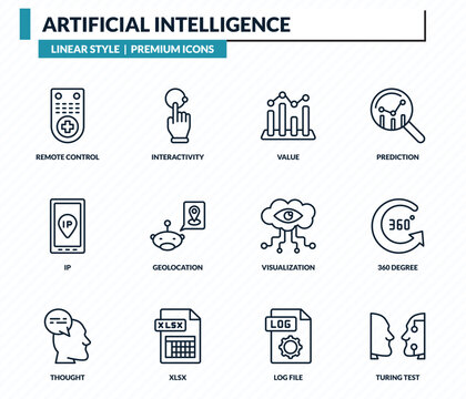 artificial intelligence icons set - remote control, interactivity, value, 360 degree, turing test outline vector collection.
