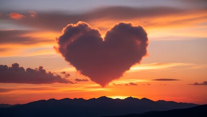 Heart shaped cloud formation at vibrant sunset over mountain range