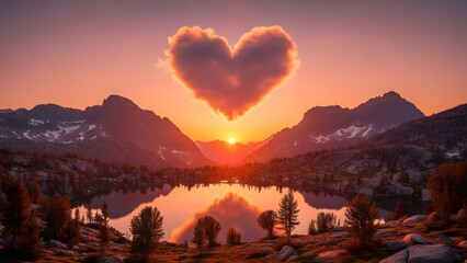 Heart shaped sunset over serene mountain lake with snow capped peaks