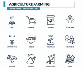 agriculture farming icons set - poo, barrow, seed bag, honeycomb, farm outline vector collection. © IconArt