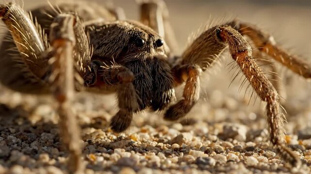 Close-up macro view of a hairy wolf spider detailed on sandy ground showcasing its intricate features and legs.