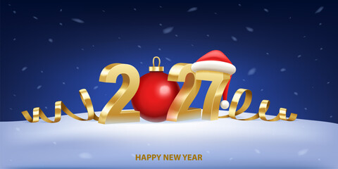 Happy New Year 2027. Golden 3D numbers with Santa hat, red Christmas ball on a night snowy background.

