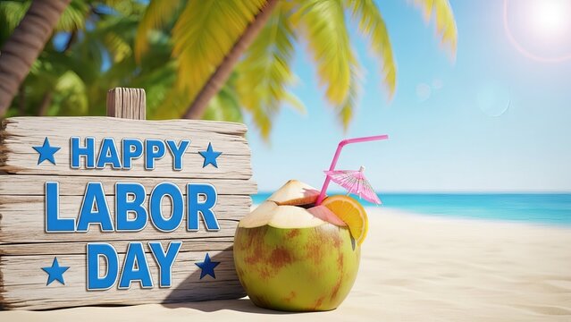 Happy labor day beach scene with coconut drink
