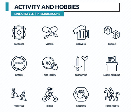 activity and hobbies icons set - baccarat, vitamin, brewing, model building, horse riding outline vector collection.