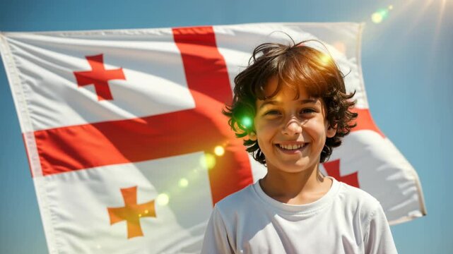 Portrait of a smiling boy in front of the Georgian flag. Young child with curly hair standing before the national flag of Georgia. Patriotism and national pride concept