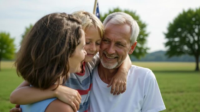 Happy multi-generational family hugging with American flag. Mother son and grandfather smiling together outdoors. Patriotic celebration and family bond concept