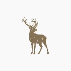 Obraz premium Regal Brown Stag Silhouette with Large Branched Antlers On White Background. Vector Logo Design.