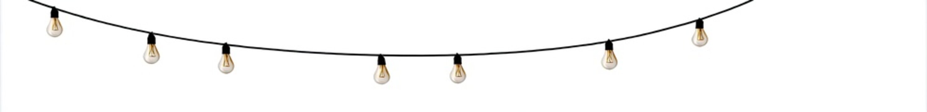 A curved string with hanging light bulbs in the middle, and white background