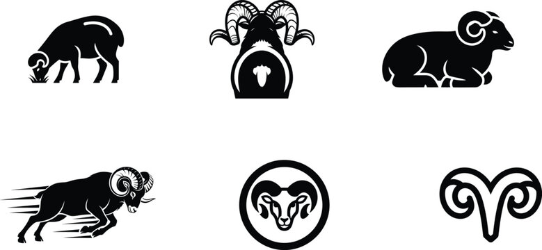 black silhouettes of rams and ram heads in various poses and designs