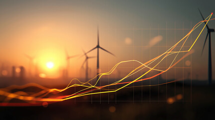 Renewable energy growth insights wind farm data visualization sunset aerial view sustainability trends