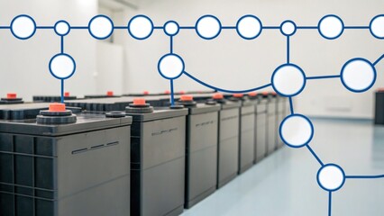 The image depicts a series of battery units lined up in a clean, industrial setting, accompanied by a schematic graphic overlay.