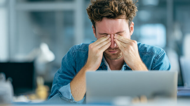 Young man wearing a denim shirt rubbing his eyes while working on a laptop in a modern office environment showing signs of fatigue and stress