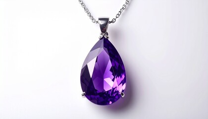Teardrop pendant necklace with faceted deep purple gemstone set in silver clasp on chain.