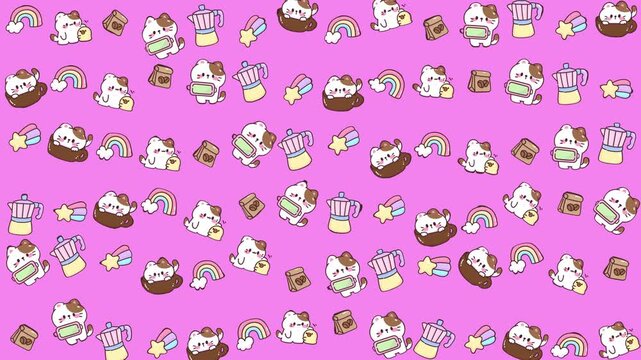 Pink background with cartoonlike drawings like cats, coffee, rainbows. Suitable for web design, social media graphics, and invitations.