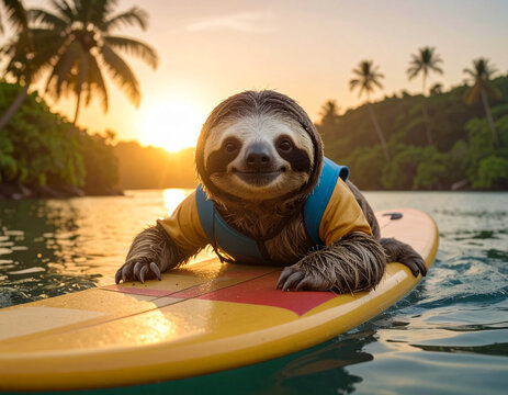 Faultier auf Surfbrett