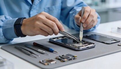 Fototapeta premium Concentrated Technician Fixing a Smartphone on a Workbench Under Bright Lights, Displaying Precision and Expertise in Device Repair for Electronics Industry