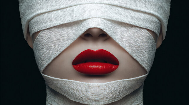 elegant face with medical bandages and glossy red lips, artistic cosmetic procedure portrait with refined red lips, modern spa and beauty treatment with bandaged face