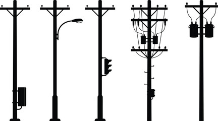 utility poles and street light silhouettes illustration, electric power distribution infrastructure set, urban black vector isolated © VectoBloom