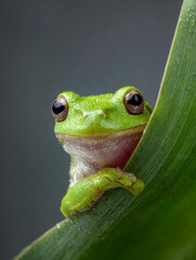 Vibrant green tree frog perched on a wet leaf with detailed eyes and textured skin against a soft blurred gray background in a nature close-up portrait