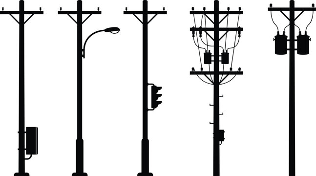 utility poles and street light silhouettes illustration, electric power distribution infrastructure set, urban black vector isolated