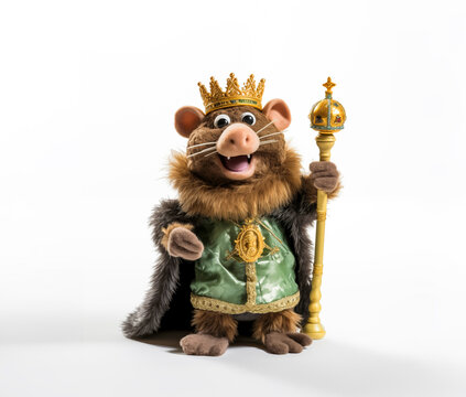 Happy rich king rat doll wearing crown, richly dressed