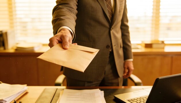 Man Delivers Envelope: Business Offer, Legal Document, or Severance Package.  Serious Tone, Corporate Setting.  Focus on Hand Holding the Tan Letter, Desk with Laptop