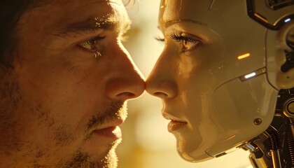 Intimate Encounter: A Human and a Robot Face Each Other, Noses Almost Touching, in a Warm, Emotional Scene Exploring Themes of Connection, Technology, and Humanity