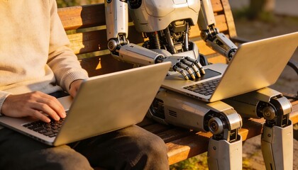 Human and Robot Collaboration: A Glimpse into the Future of Work, Featuring Technology, Innovation, and Partnership in a Modern Outdoor Setting in the Afternoon Sunlight